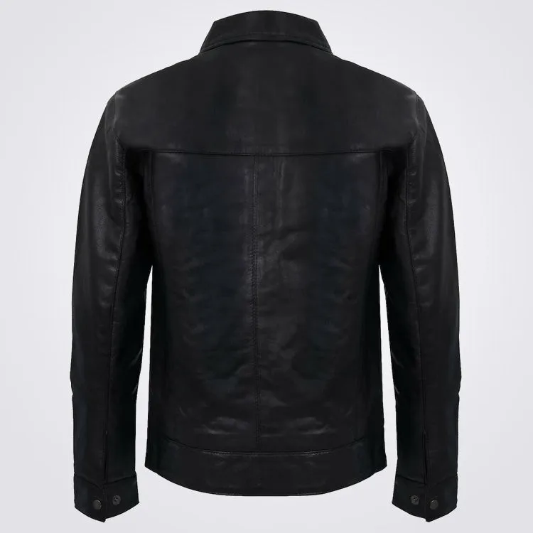 Men's Smart Black Genuine Leather Harrington Jacket