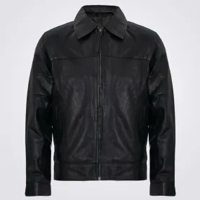 Men's Smart Black Genuine Leather Harrington Jacket