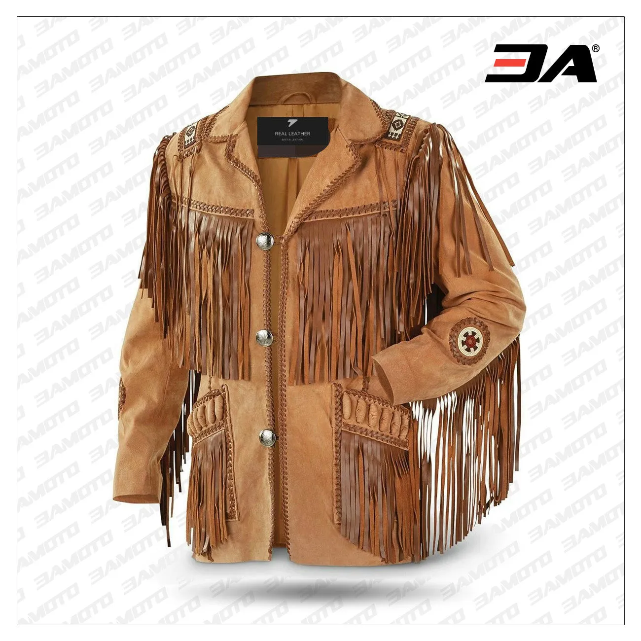 Men's Traditional Cowboy Western Leather Jacket coat With Fringe Bone and Beads