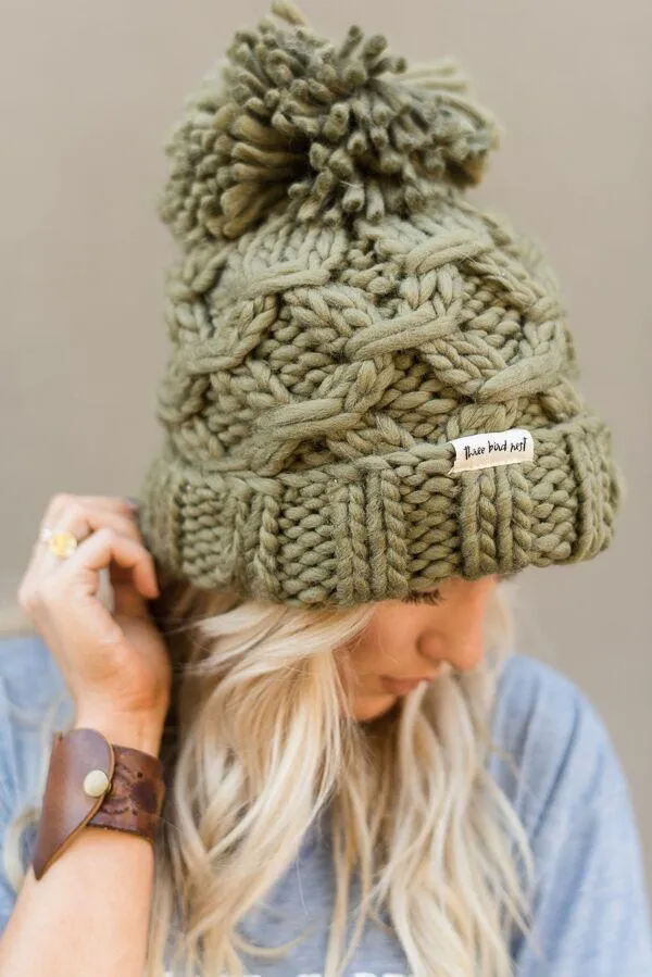 Olive Green Beanie Big Pom Pom Boho Stocking Cap Army Cargo Winter Hat Huge Pom Free Spirited People