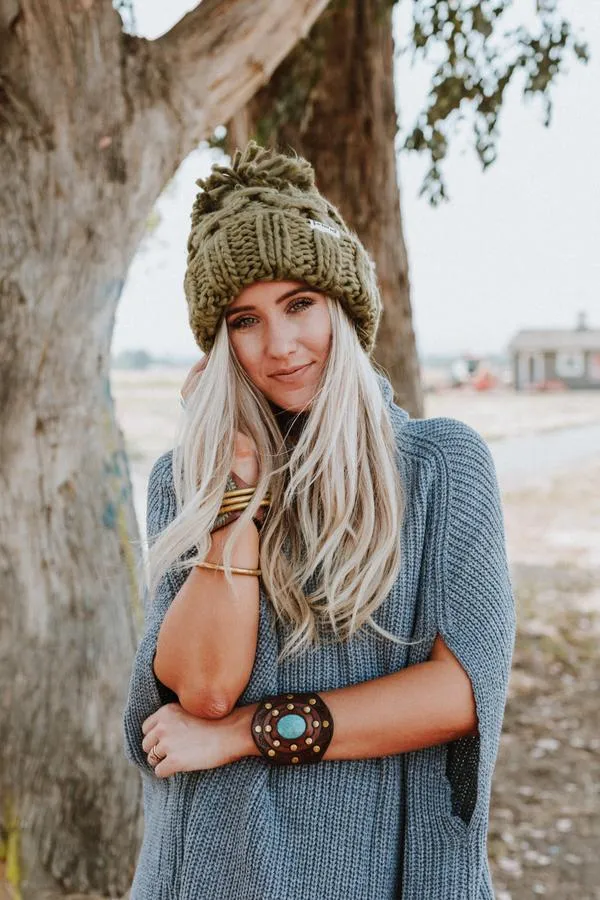 Olive Green Beanie Big Pom Pom Boho Stocking Cap Army Cargo Winter Hat Huge Pom Free Spirited People