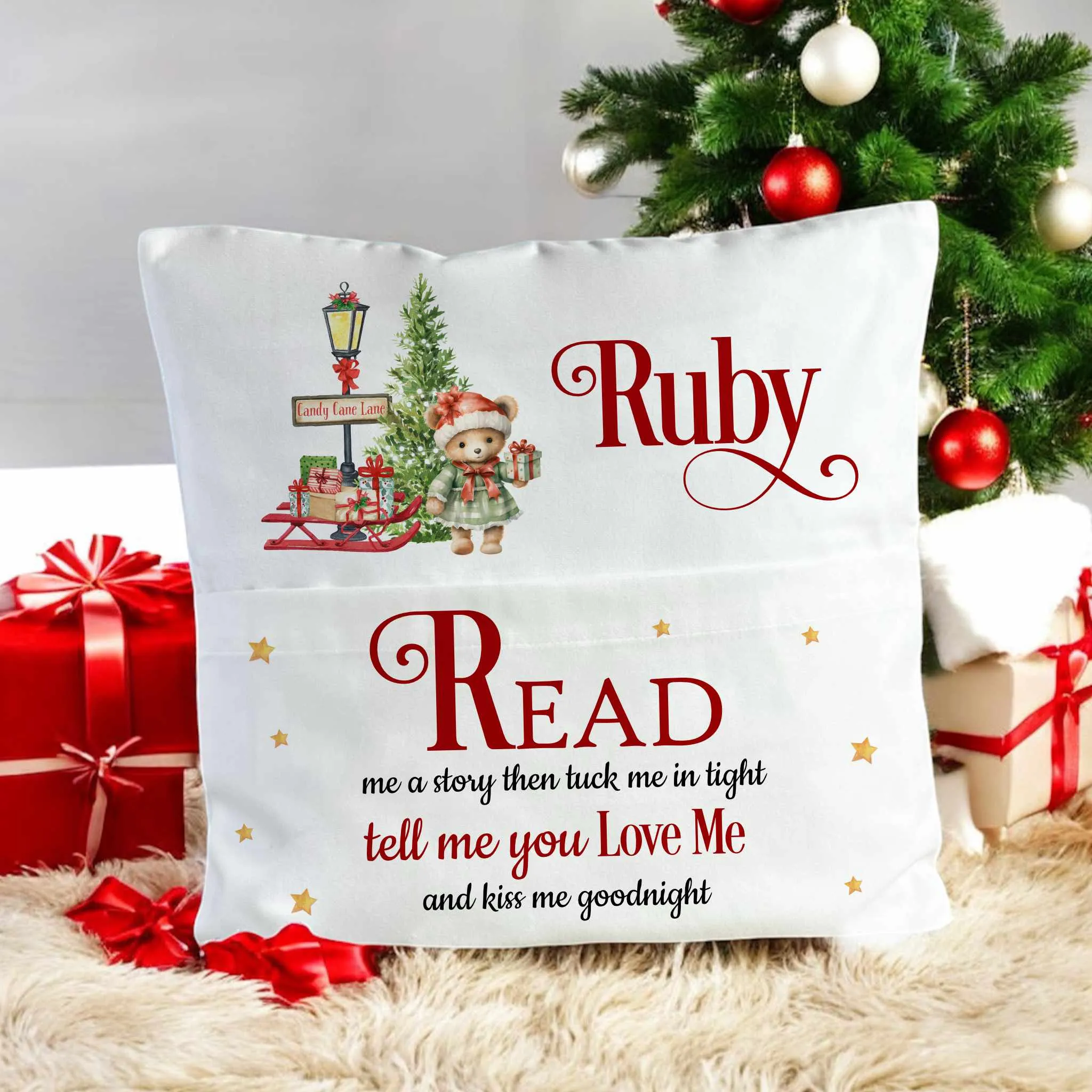 Personalised Christmas Book Pocket Cushion, Book Pillow For Children