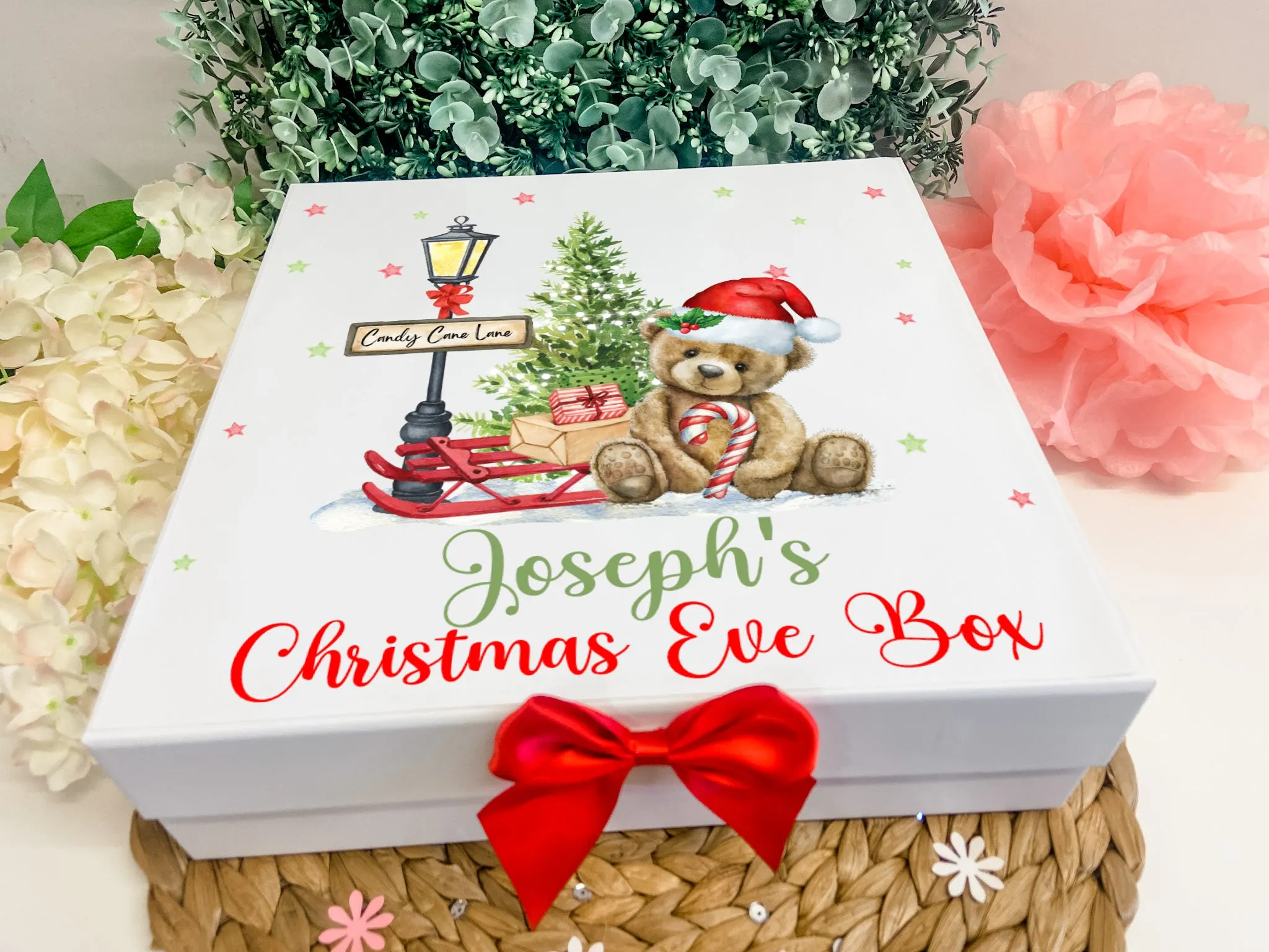 Personalised Christmas Eve Gift Box For Kids Keepsake Box, White Gift Box, Teddy Bear