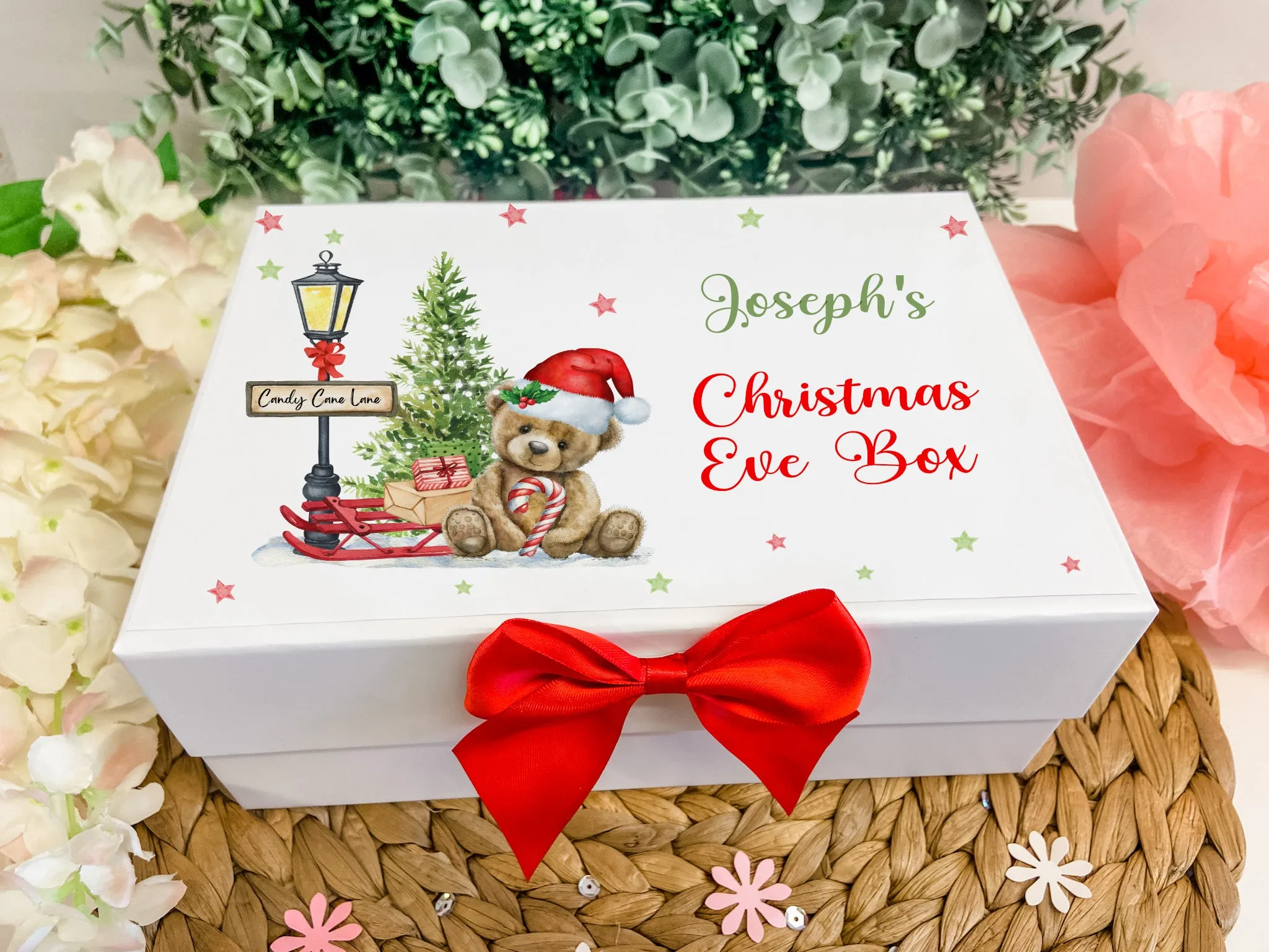 Personalised Christmas Eve Gift Box For Kids Keepsake Box, White Gift Box, Teddy Bear