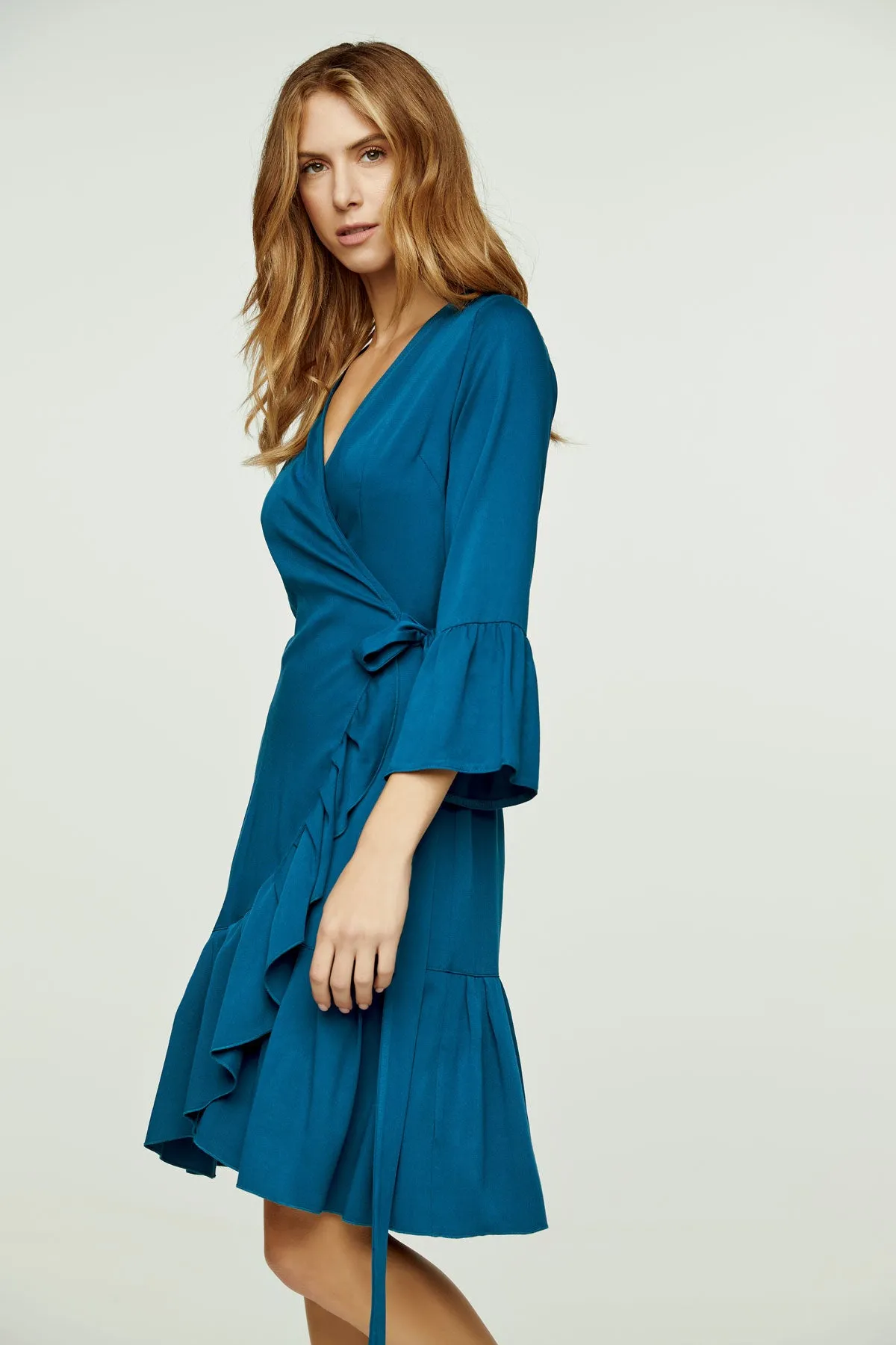 Petrol Wrap Dress Viscose with bell sleeves.