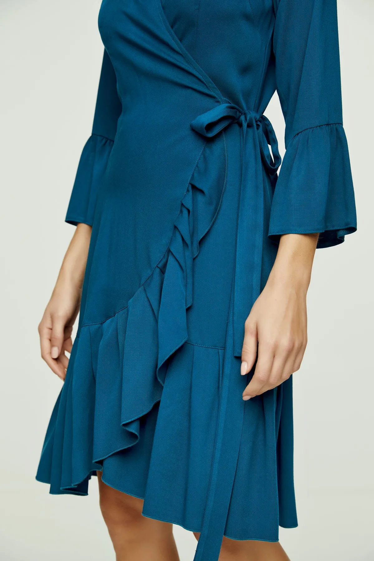 Petrol Wrap Dress Viscose with bell sleeves.