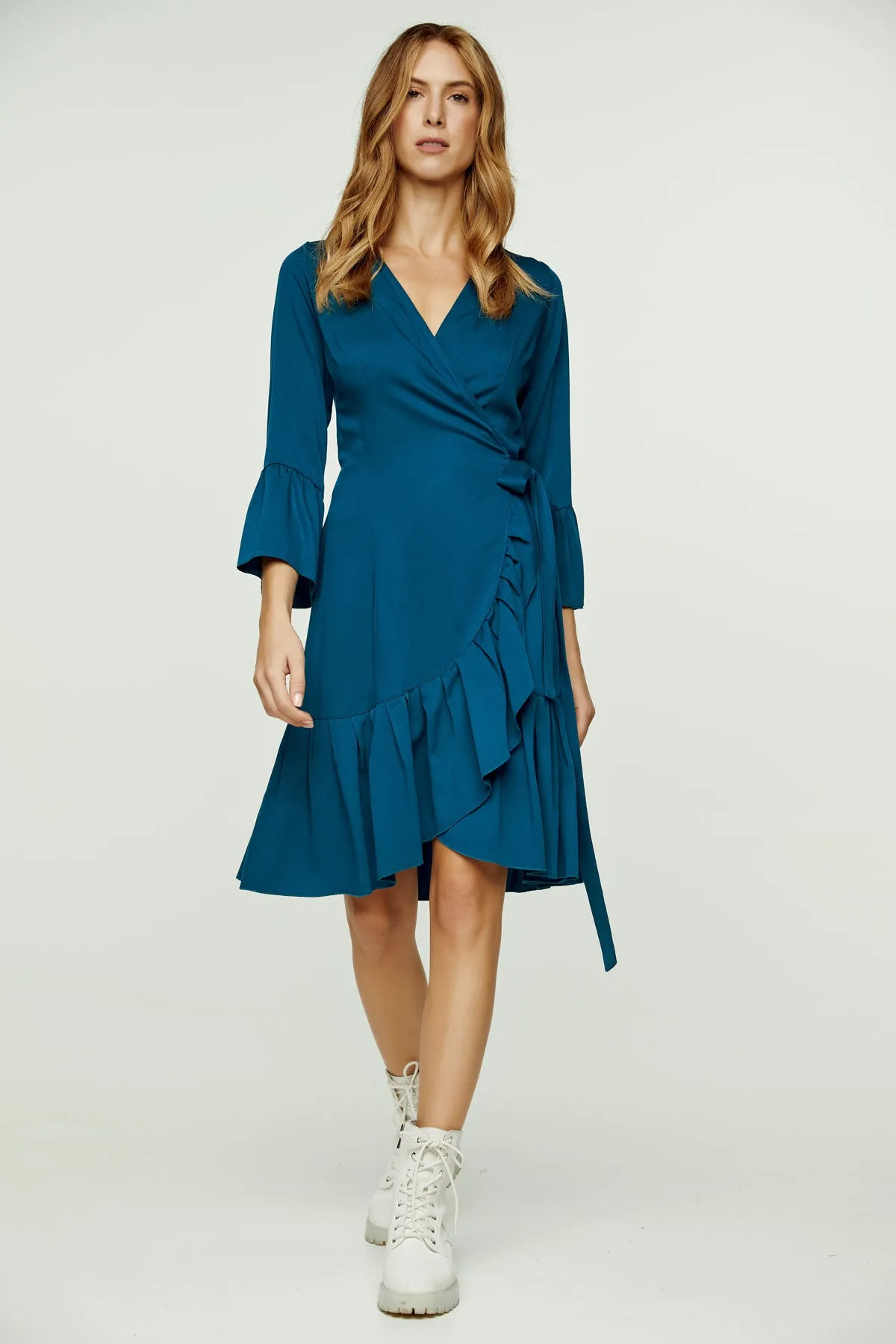 Petrol Wrap Dress Viscose with bell sleeves.