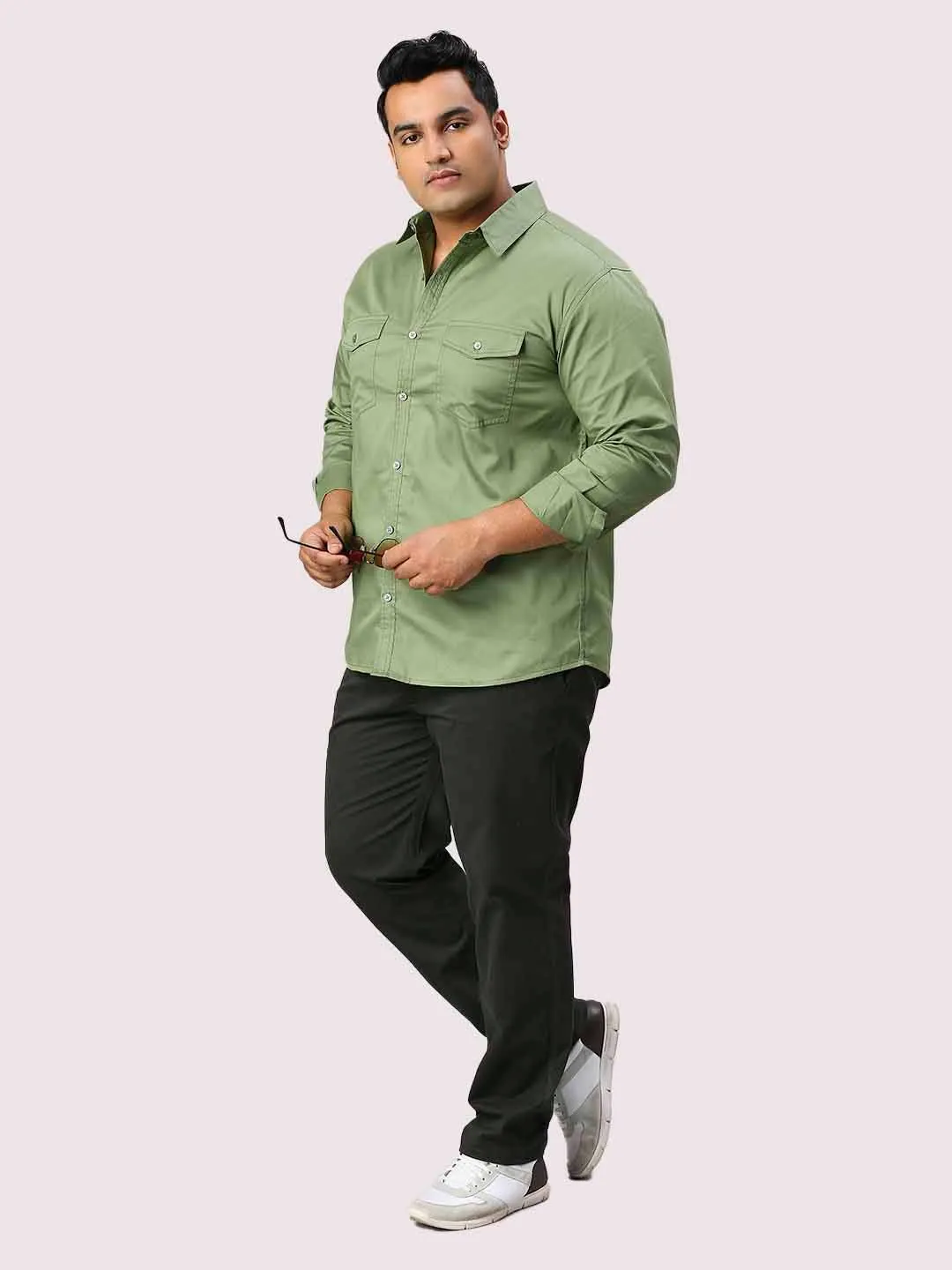 Pista Green Solid Pure Cotton Double Pocket Full Sleeve Shirt Men's Plus Size