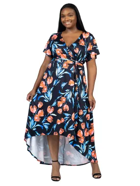 Plus Size Black Floral V Neck Belted High Low Faux Wrap Dress