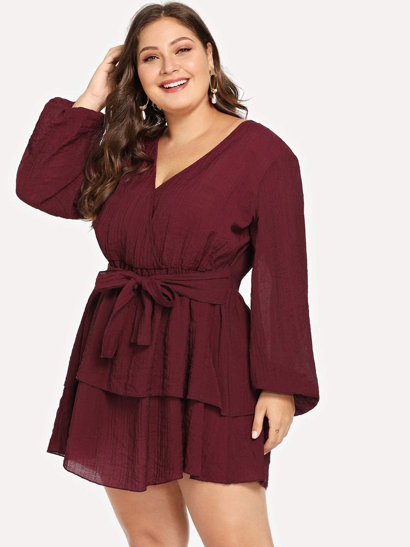  Plus Wrap Front Belted Crinkle Dress