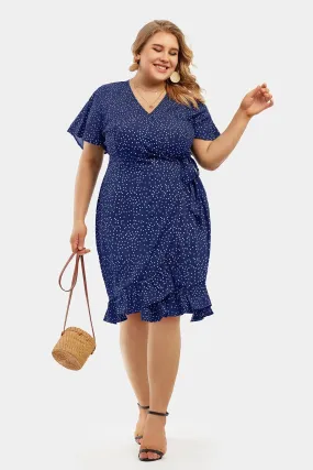 Polka Dot Print V Neck Split Hem Wrap Mini Dress