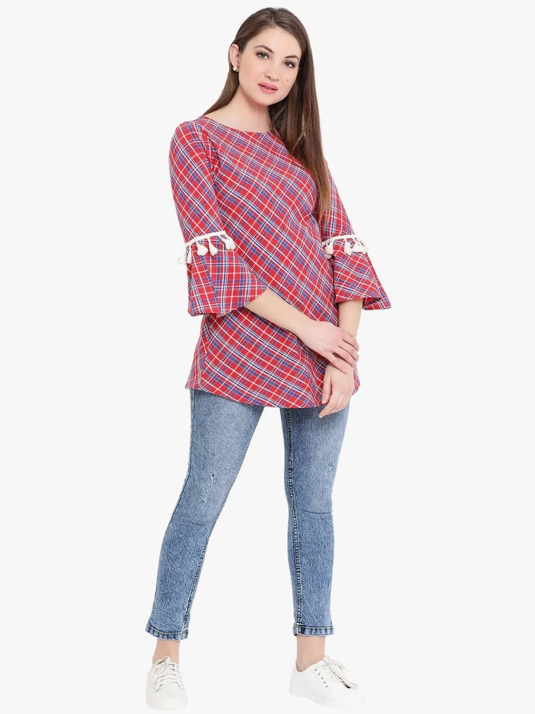 Red Check Tunic With Tassels Flounce Sleeve