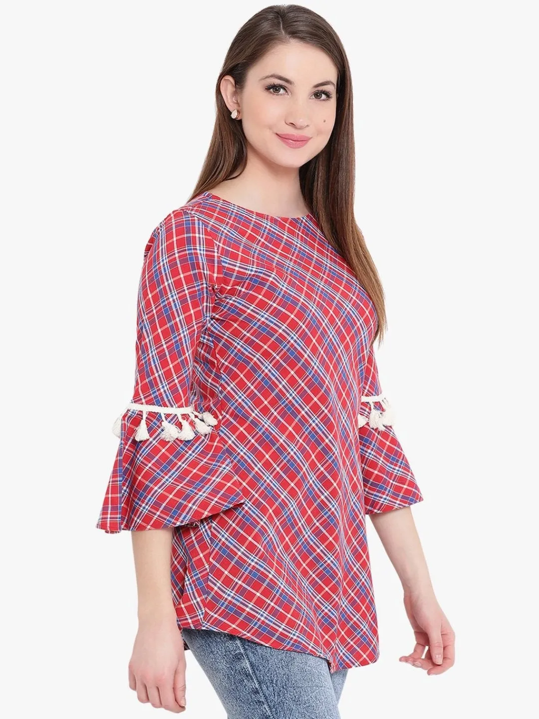 Red Check Tunic With Tassels Flounce Sleeve