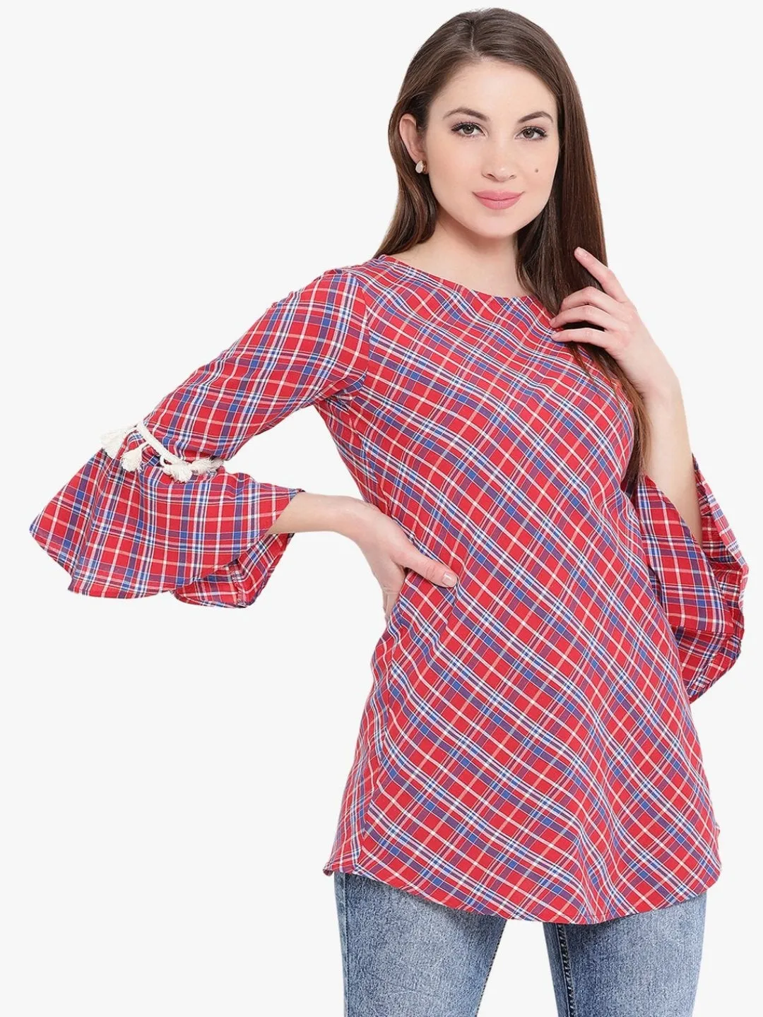 Red Check Tunic With Tassels Flounce Sleeve