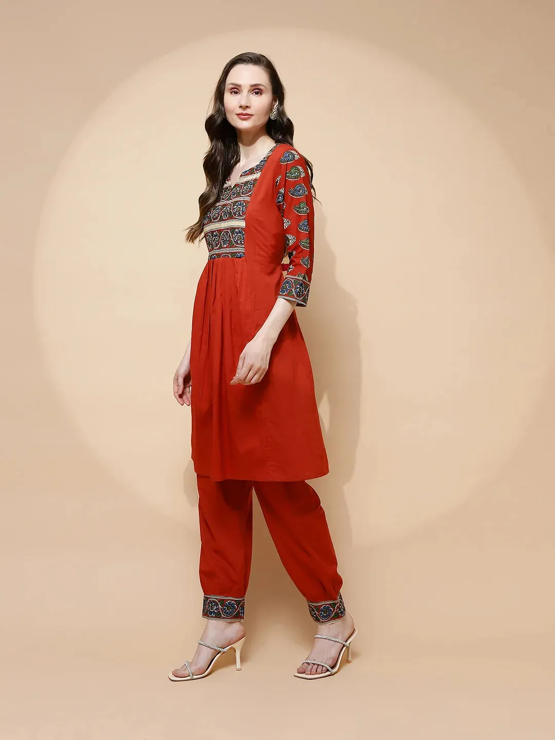 Rust Cotton Blend Loose Fit Tunic Set For Women