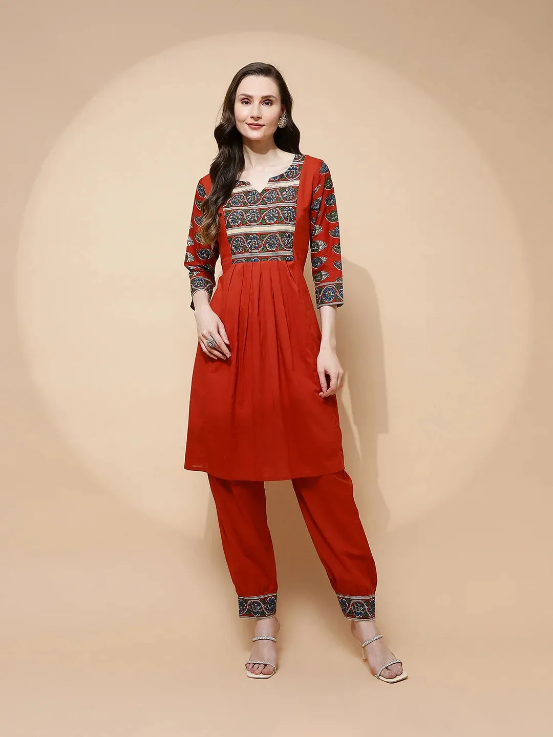 Rust Cotton Blend Loose Fit Tunic Set For Women