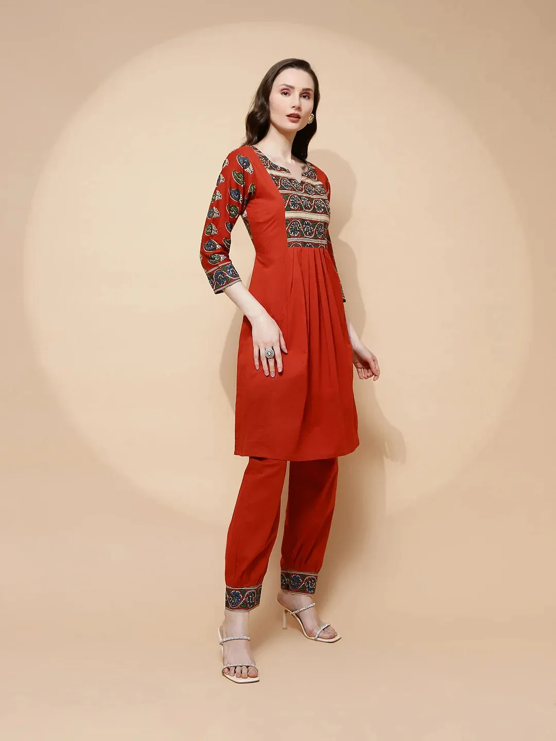 Rust Cotton Blend Loose Fit Tunic Set For Women