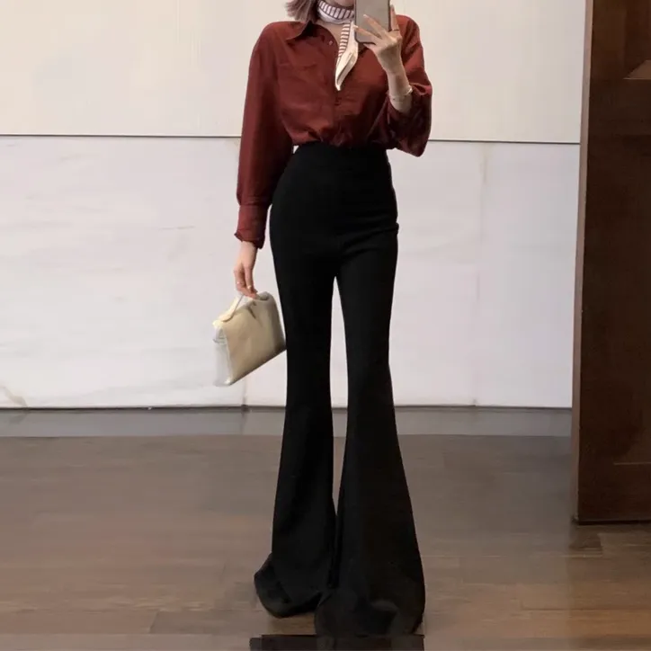 Scarf Slim Shirt High Waist Wide Leg Flared Pants Set