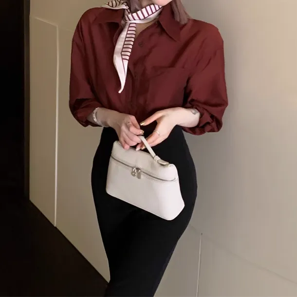 Scarf Slim Shirt High Waist Wide Leg Flared Pants Set