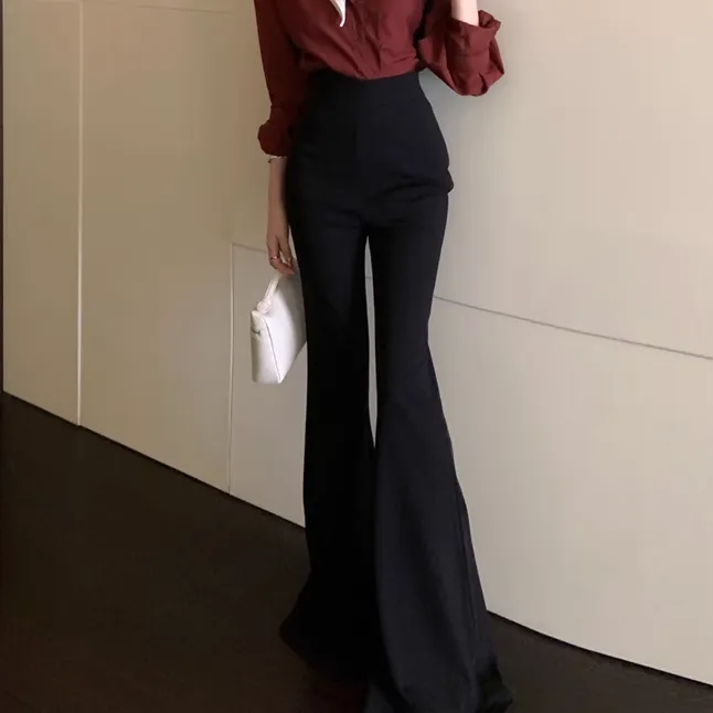 Scarf Slim Shirt High Waist Wide Leg Flared Pants Set