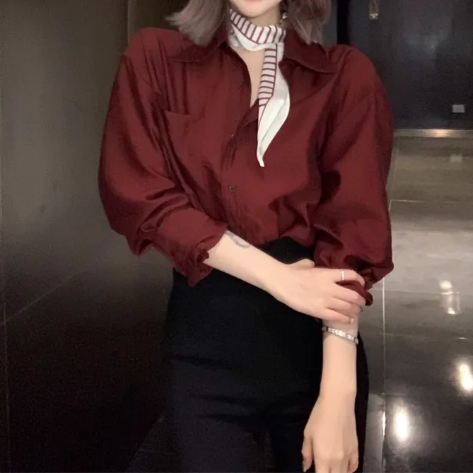 Scarf Slim Shirt High Waist Wide Leg Flared Pants Set