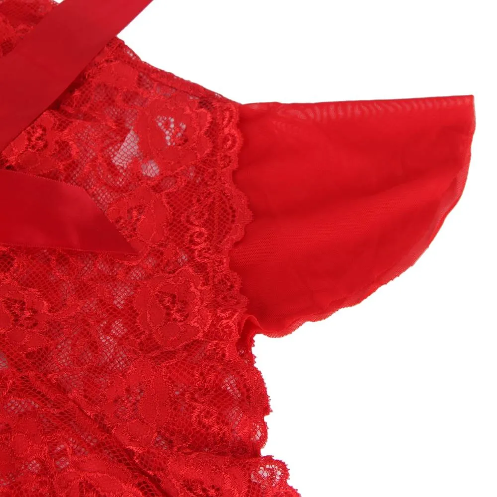 Sexy Red Halter V Neckline Ruffle Teddy with a belt - Red Plus