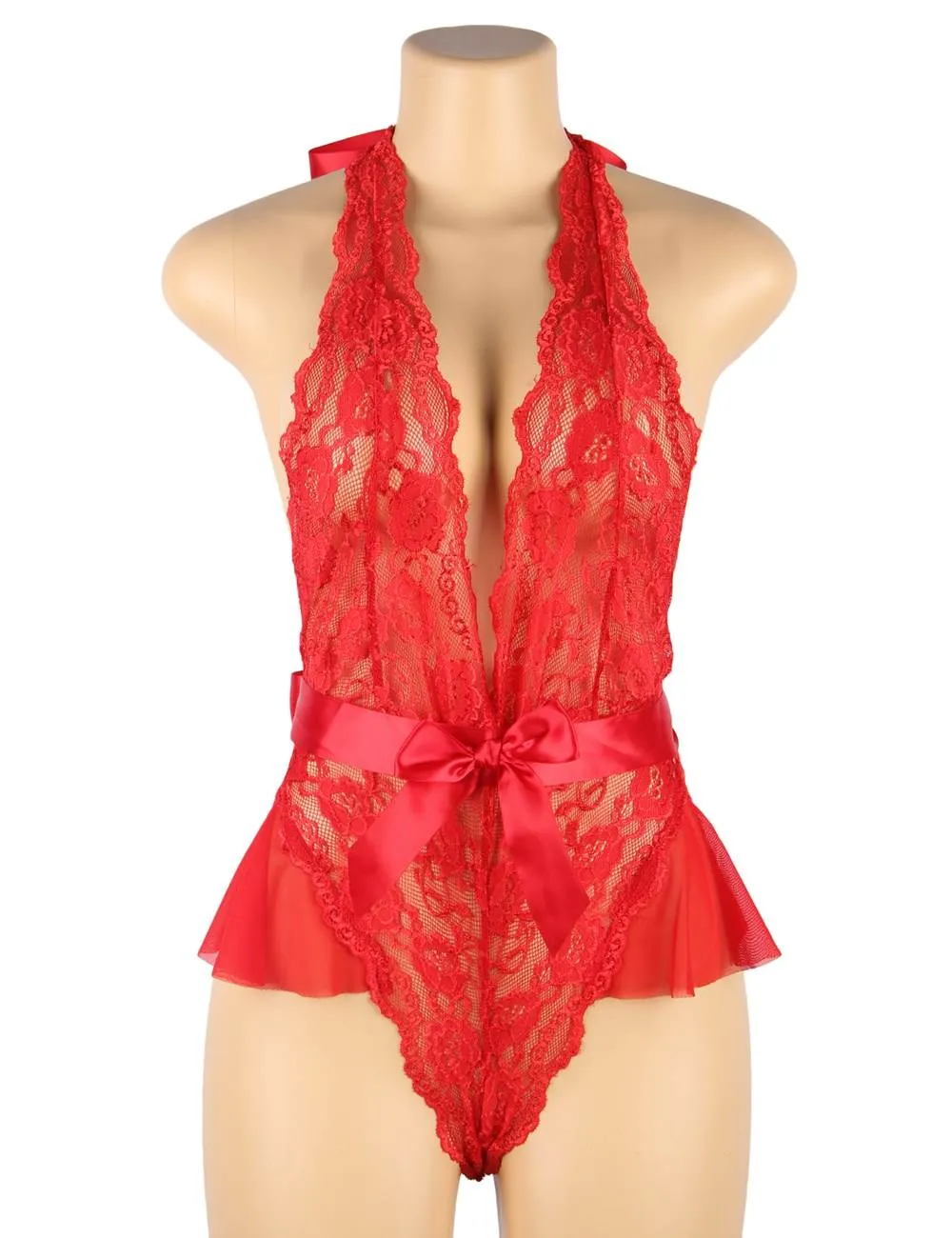 Sexy Red Halter V Neckline Ruffle Teddy with a belt - Red Plus