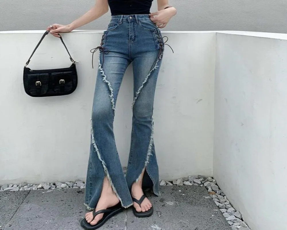 Slit Raw Edge Strappy Flared High Waist Wide Leg Jeans