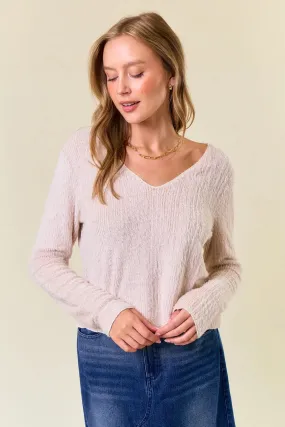 SOFT FUZZY KNIT V-NECK LONG SLEEVE CROPPED TOP