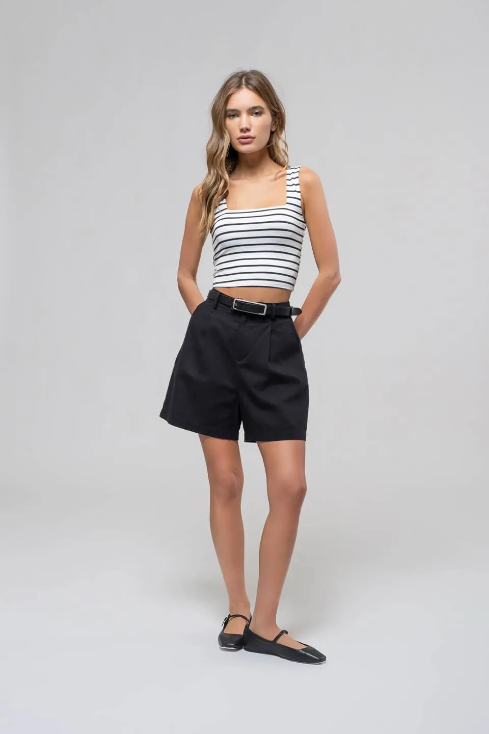 STRIPE SQUARE NECK SLEEVELESS KNIT CROP TOP