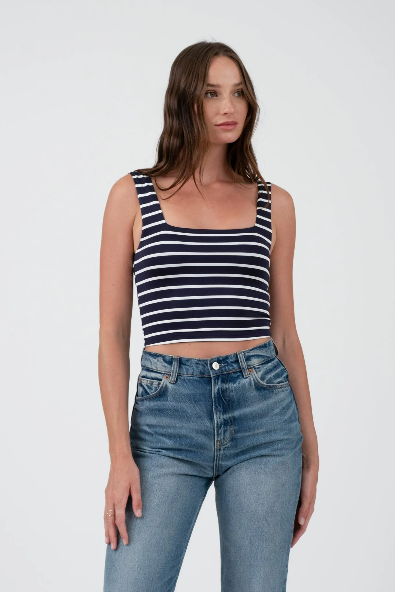 STRIPE SQUARE NECK SLEEVELESS KNIT CROP TOP