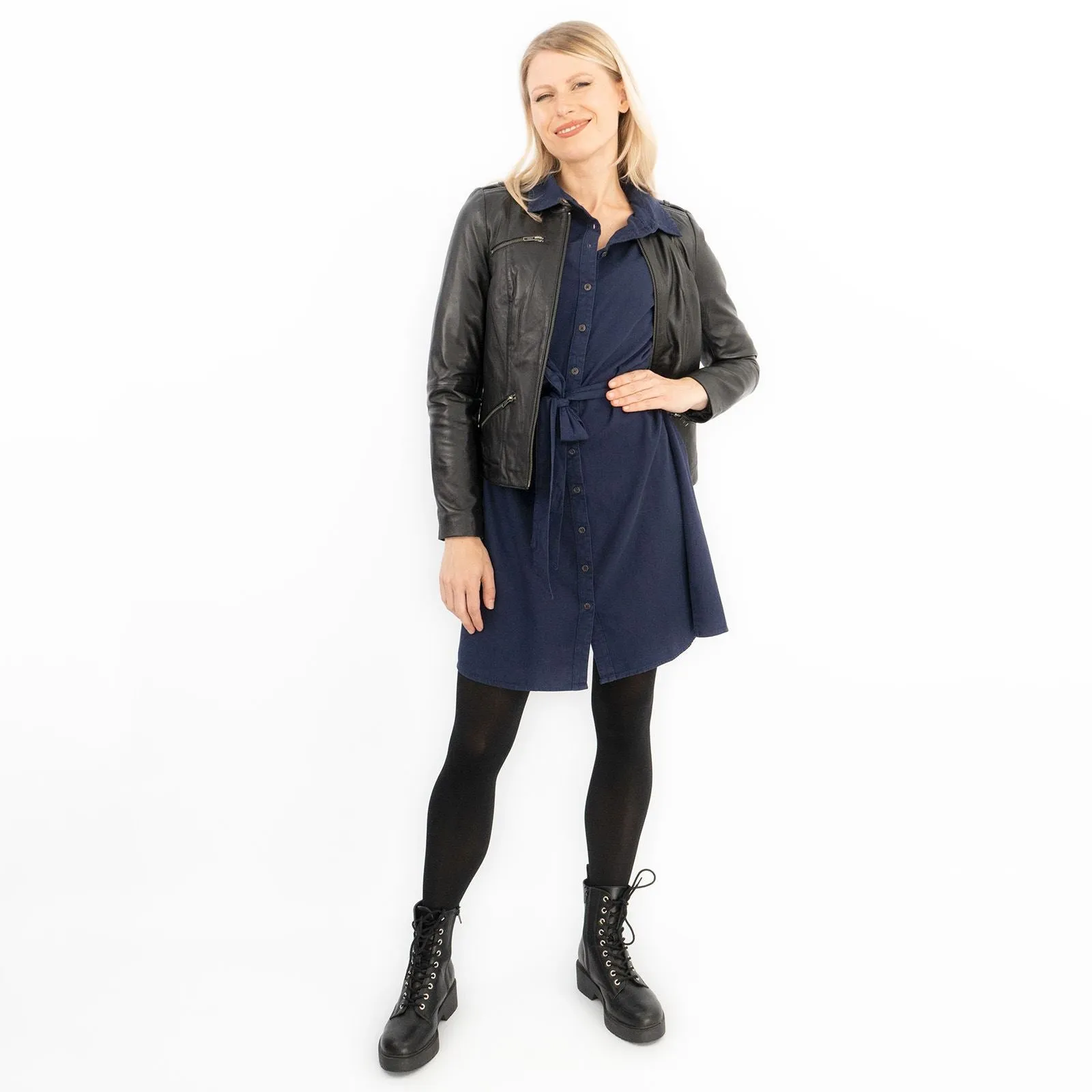 Textured Cotton Navy Blue Long Sleeve Women's Shirt Dress