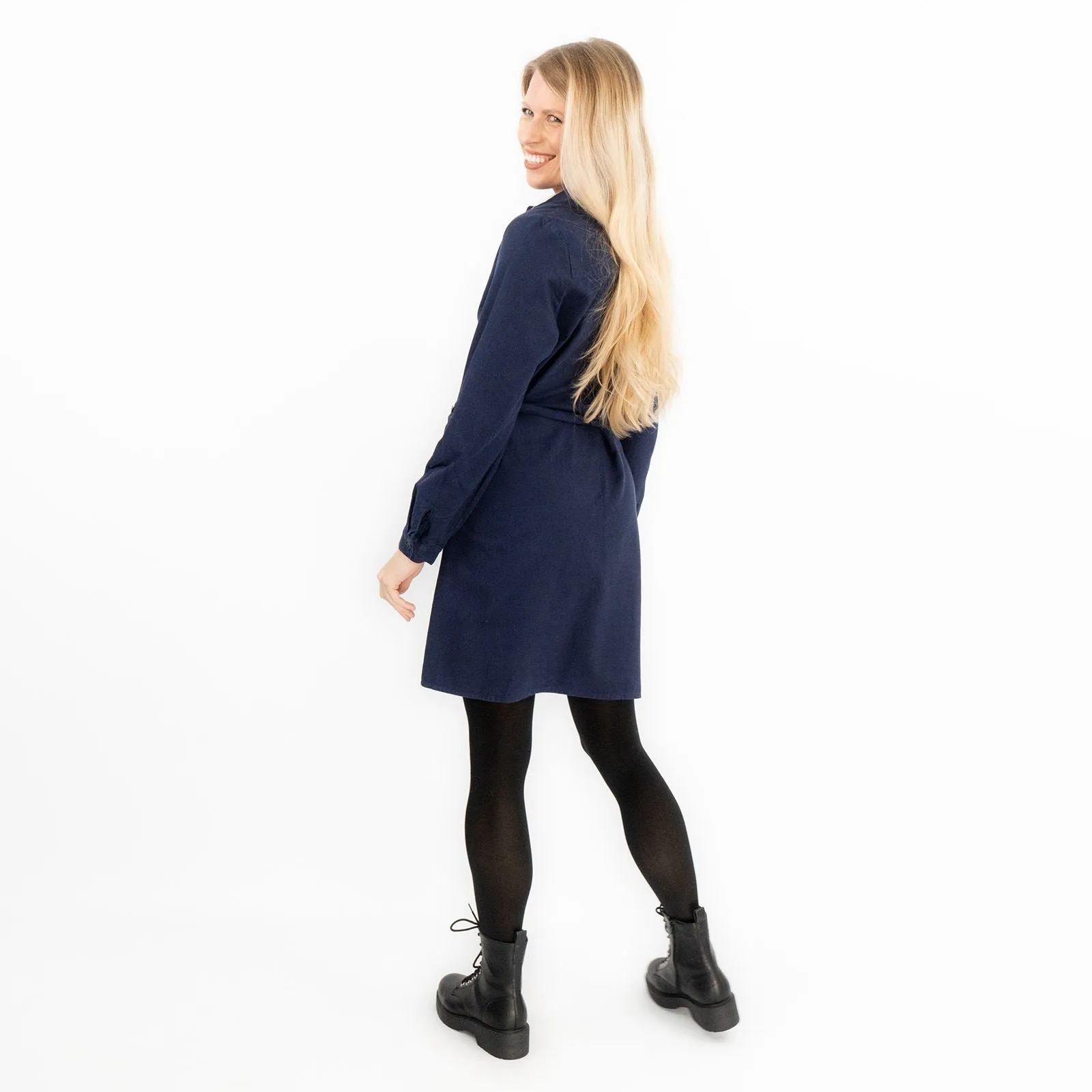 Textured Cotton Navy Blue Long Sleeve Women's Shirt Dress