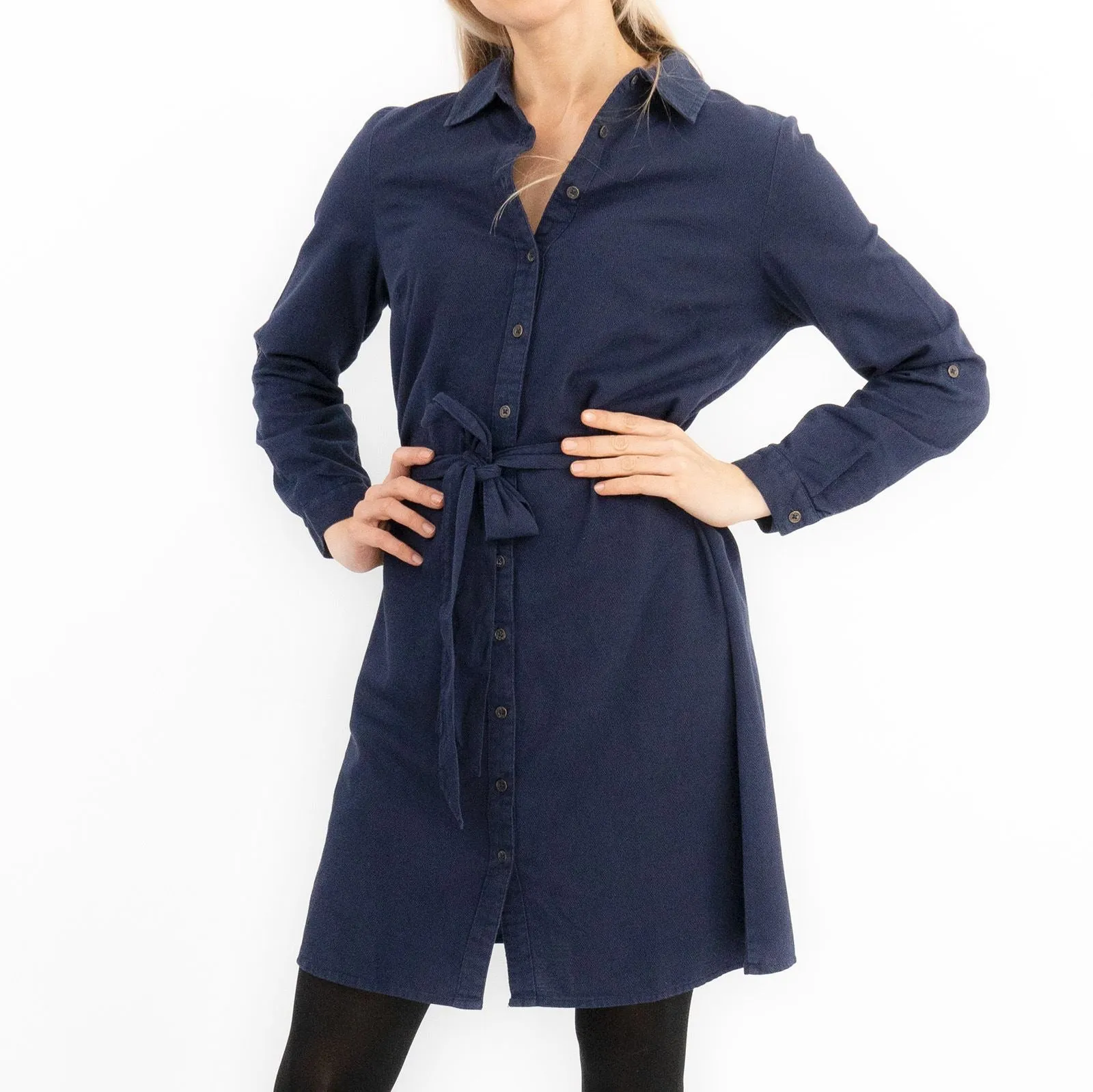 Textured Cotton Navy Blue Long Sleeve Women's Shirt Dress