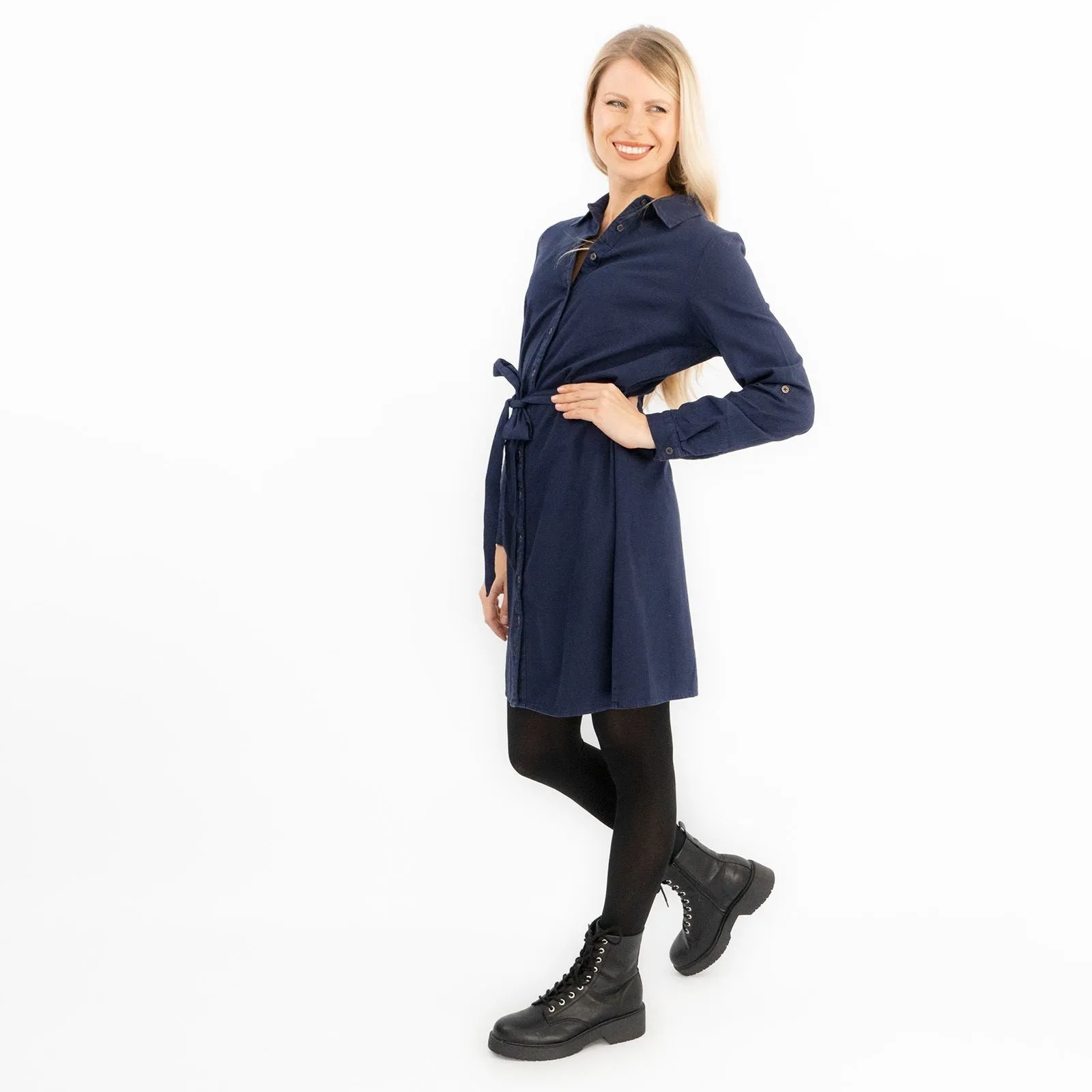 Textured Cotton Navy Blue Long Sleeve Women's Shirt Dress