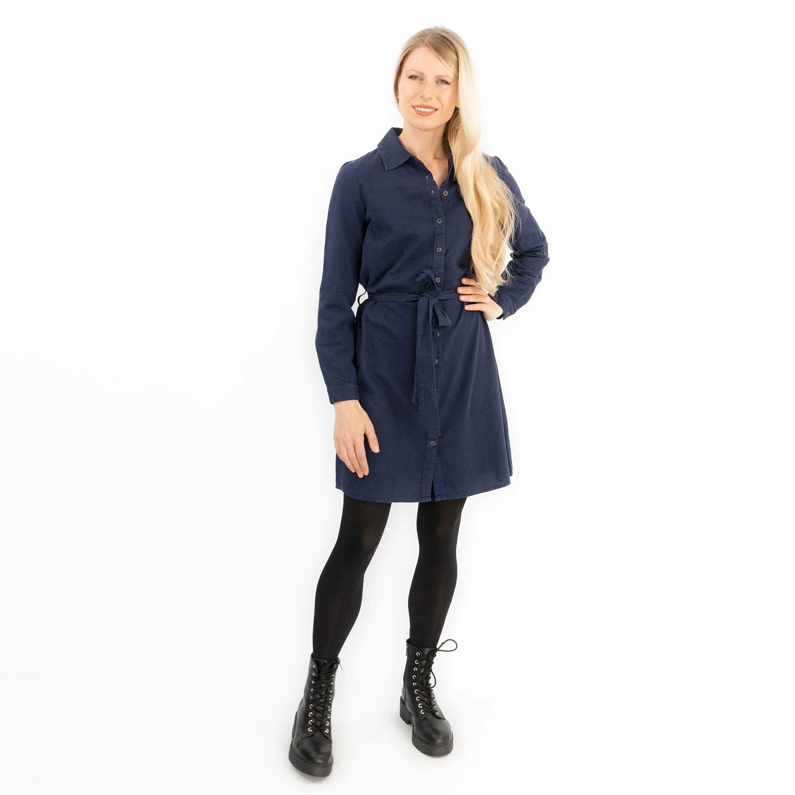 Textured Cotton Navy Blue Long Sleeve Women's Shirt Dress