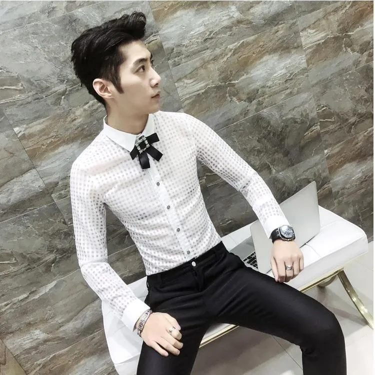 Top Button Ribbon Brooch Detail Men Small Square Transparent Slim Git Shirt