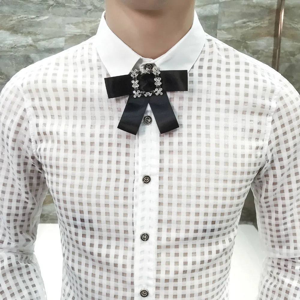 Top Button Ribbon Brooch Detail Men Small Square Transparent Slim Git Shirt