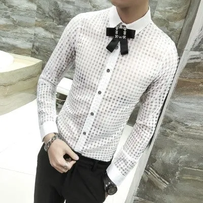 Top Button Ribbon Brooch Detail Men Small Square Transparent Slim Git Shirt