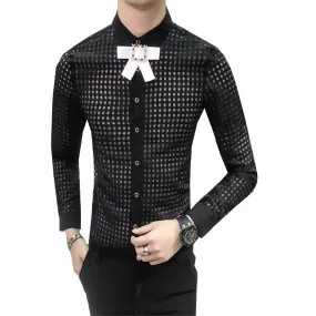 Top Button Ribbon Brooch Detail Men Small Square Transparent Slim Git Shirt