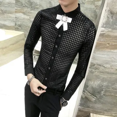 Top Button Ribbon Brooch Detail Men Small Square Transparent Slim Git Shirt