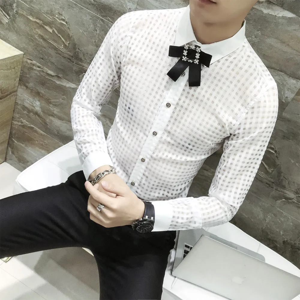 Top Button Ribbon Brooch Detail Men Small Square Transparent Slim Git Shirt