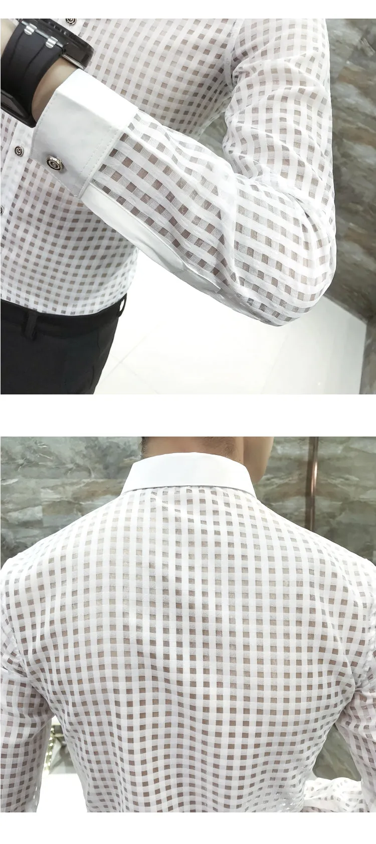 Top Button Ribbon Brooch Detail Men Small Square Transparent Slim Git Shirt