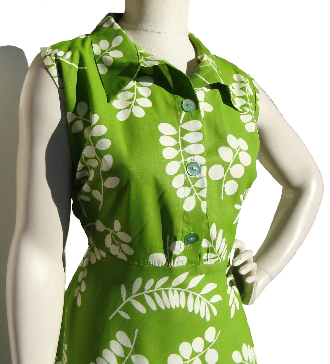 Vintage 70s Cotton Dress Lime Green Foliate Print XL