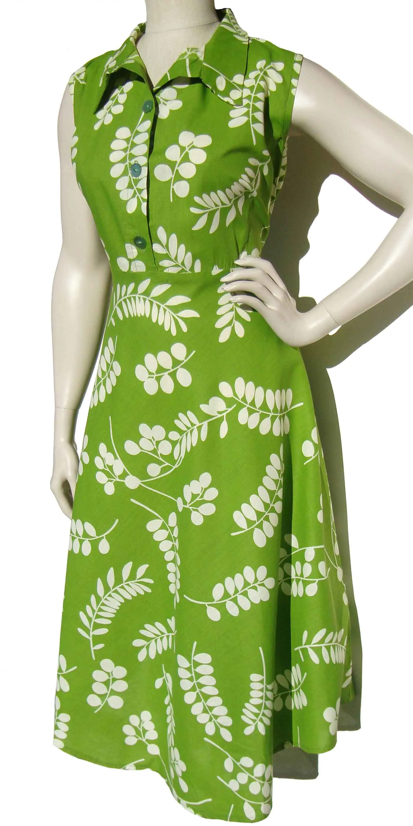 Vintage 70s Cotton Dress Lime Green Foliate Print XL