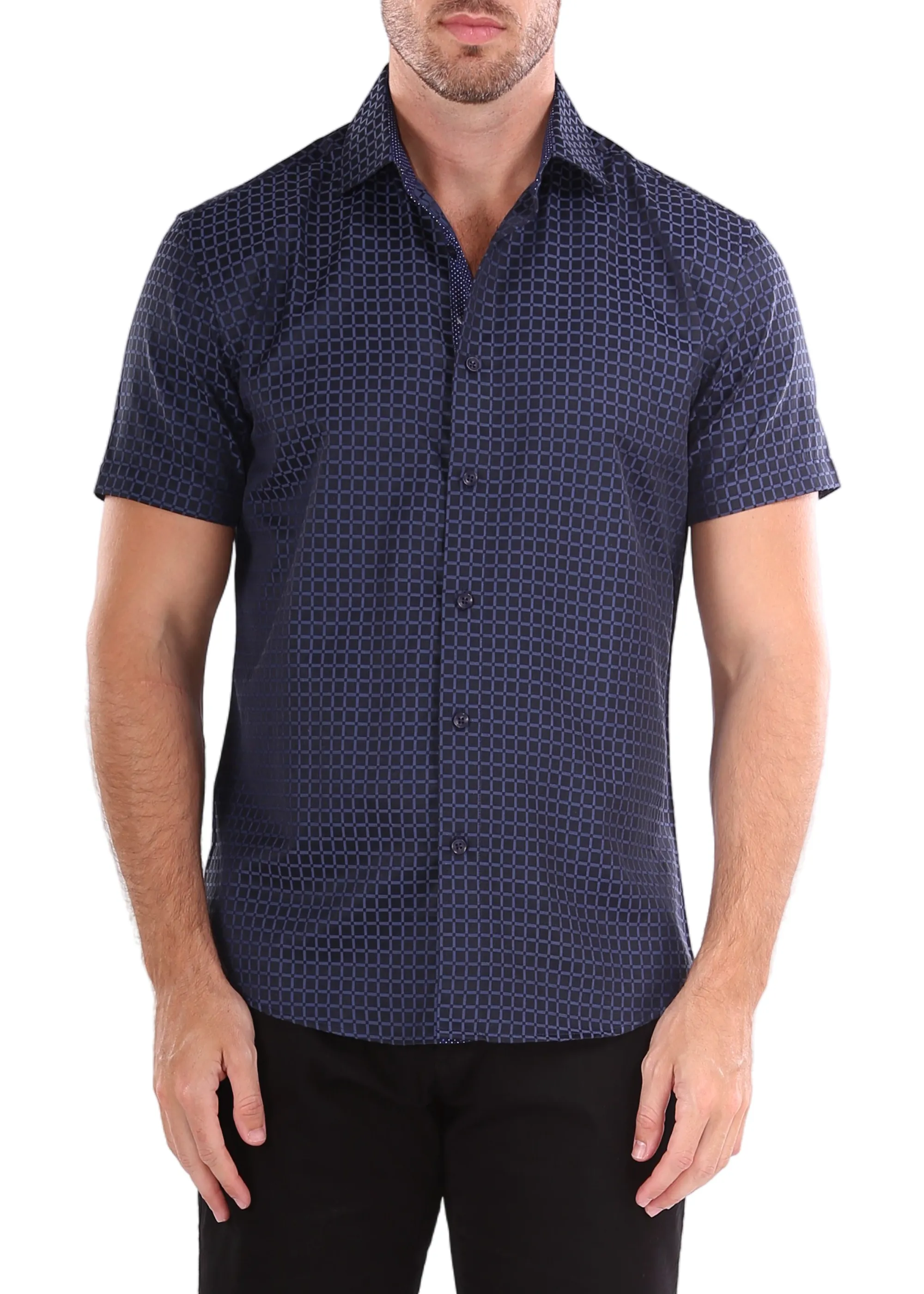 Window Pane Pattern Short Sleeve Dress Shirt Navy