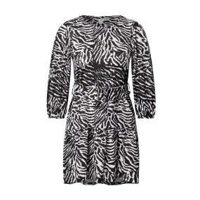 Women's Belted Printed Ruffle Hem Dress,Black/White