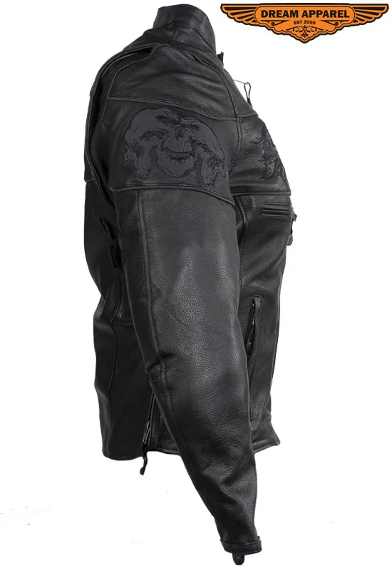 Womens Leather Motorcycle Jacket With Reflective Skulls